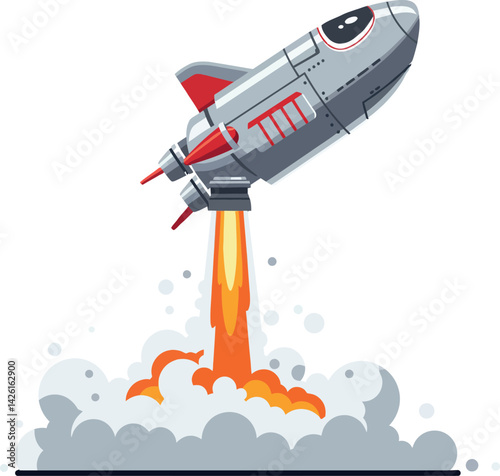 Rocket Launching with Fire Smoke Trail Vector Illustration in Cartoon Style 