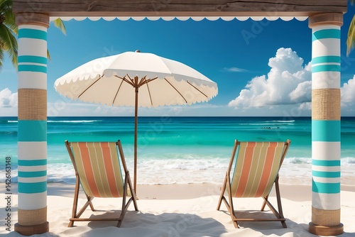 Wallpaper Mural Serene Beachfront Paradise Two Lounge Chairs Under a White Umbrella Torontodigital.ca