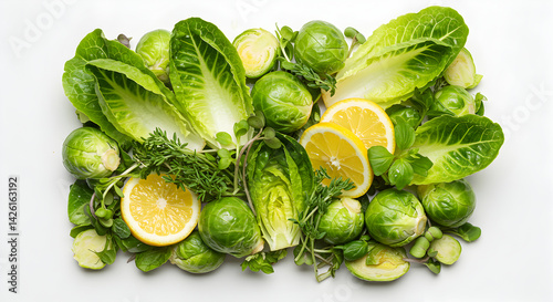 Fresh Ingredients Arrangement Featuring Brussels Sprouts And Romaine Lettuce With Lemon