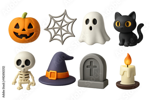 Halloween icon set – 3d style spooky and festive symbols for holiday design: pumpkin, spider web, ghost, black cat, skeleton, witch hat, tombstone, candle