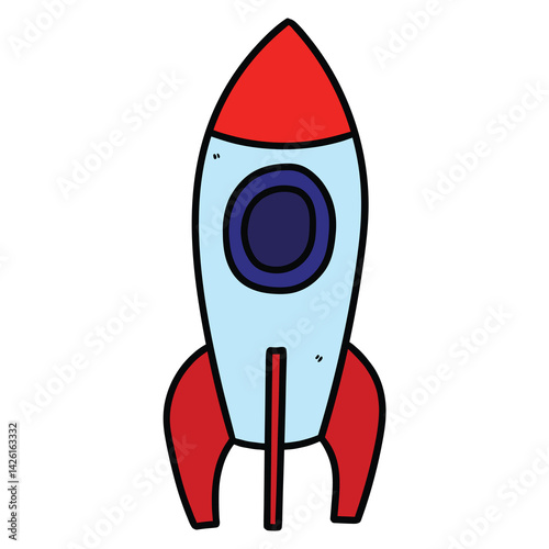 Hand drawn cartoon rocket ship on white background.