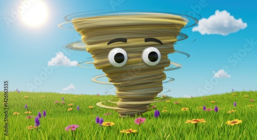Cute cartoon tornado spinning in a sunny meadow with flowers and blue sky