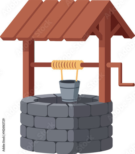 Stone Water Well with Wooden Roof and Metal Bucket Vector Illustration