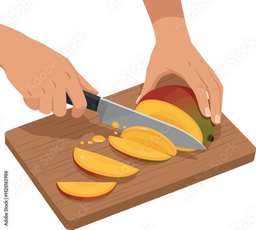 Hands slicing ripe mango fruit on wooden cutting board vector illustration 