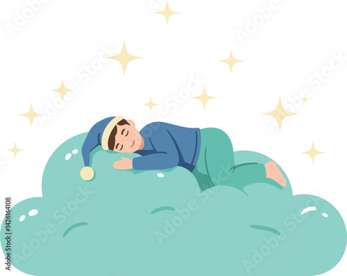 Child Sleeping on Soft Cloud in Nightcap with Stars Vector Illustration 
