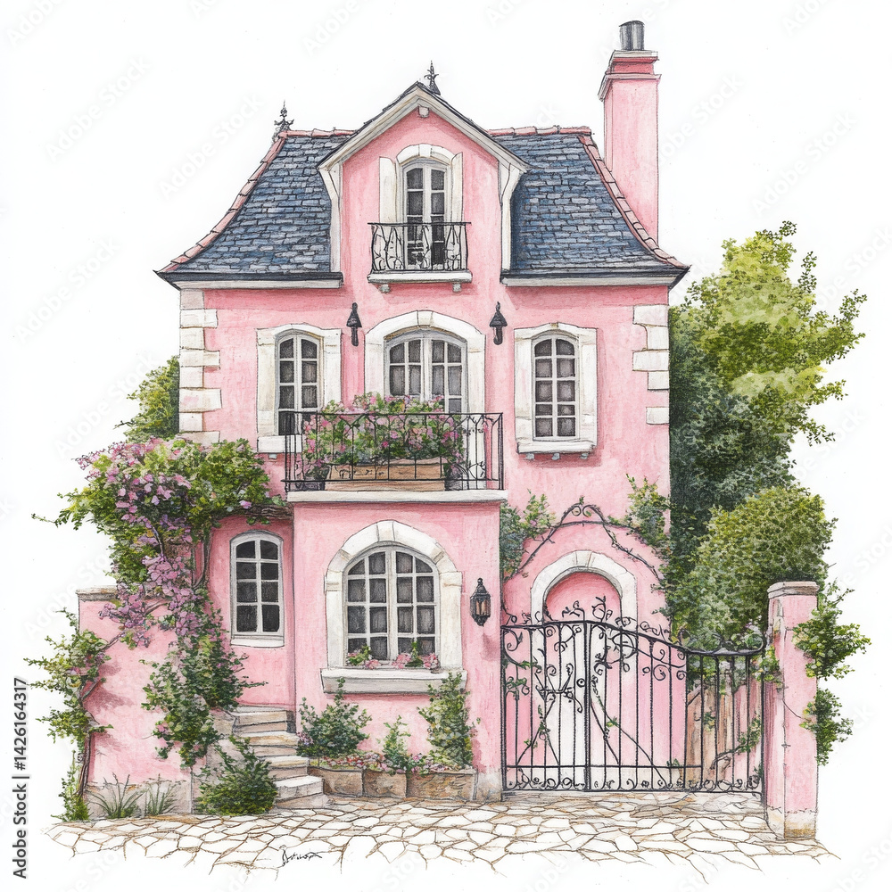 Fototapeta premium picturesque house with pink facade, surrounded by lush greenery and charming details