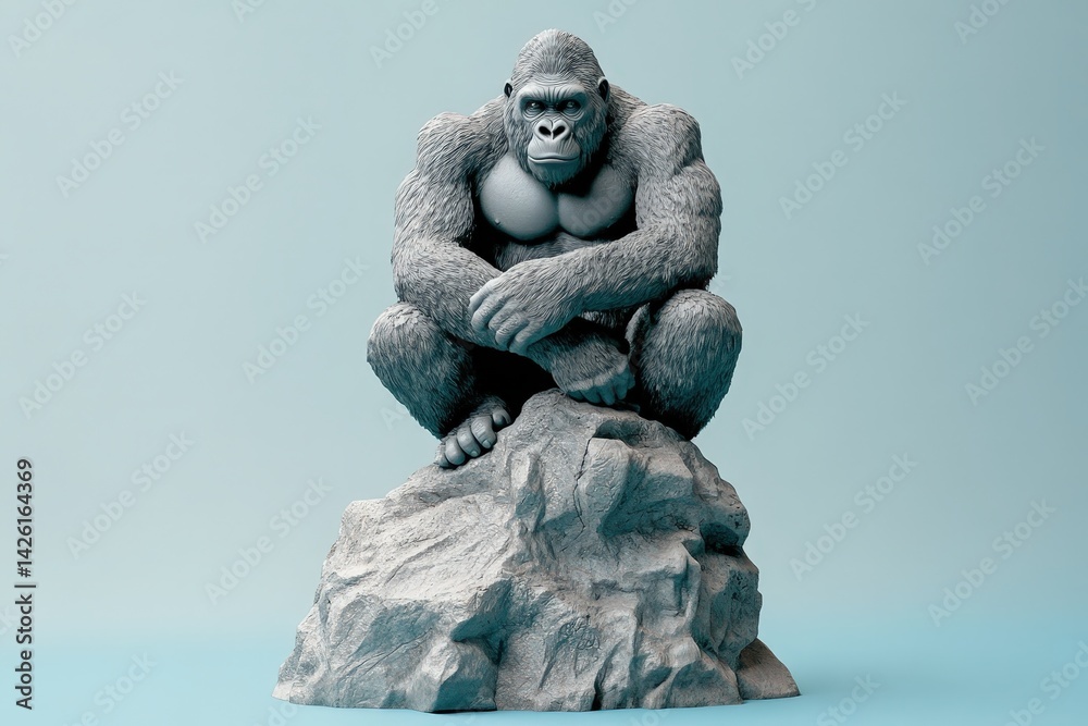 Grey gorilla statue perched on a rock, a powerful display of sculpted form. Grey gorilla statue perched on a rock, a powerful display of sculpted form.