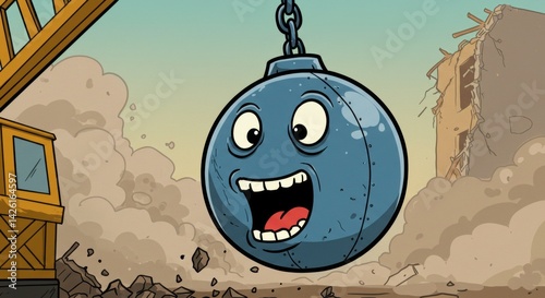 Wrecking ball swings joyfully during demolition at an urban construction site