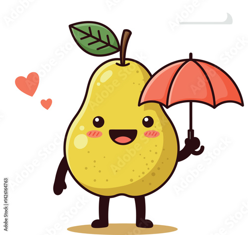 Cute pear character holding red umbrella with small hearts vector illustration 