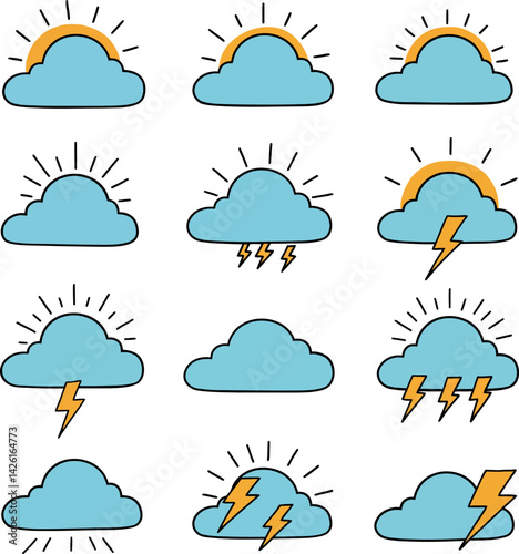 Weather icons with sun, clouds, and lightning bolts in simple colorful vector style 