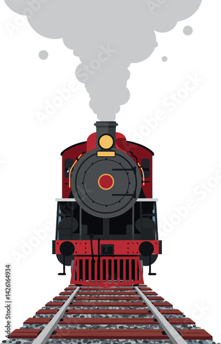 Red Steam Locomotive Front View with Smoke on Railway Tracks Vector Illustration 