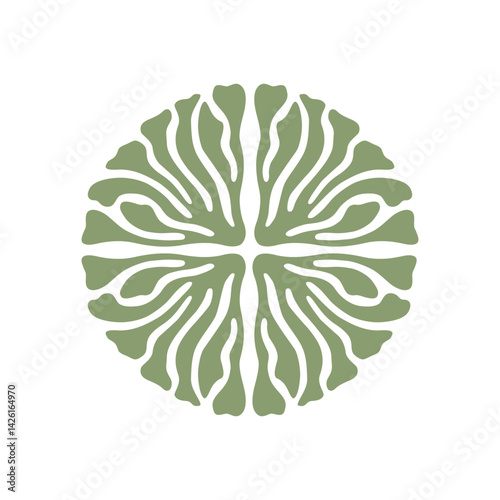 Circular botanical ornament with organic, flowing lines resembling petals, seaweed or leaves. The symmetrical design evokes nature, balance and harmony