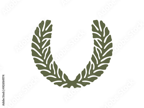 Minimalist laurel wreath illustration. The symmetrical botanical design features curved decorative branches, evoking themes of victory and honor