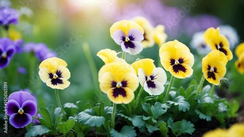 Yellow pansy blooms in a garden set against a green background.