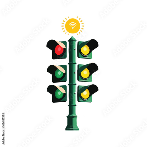 flat vector smart traffic light with Wi-Fi signal symbol on top, red-yellow-green lights in solid colors