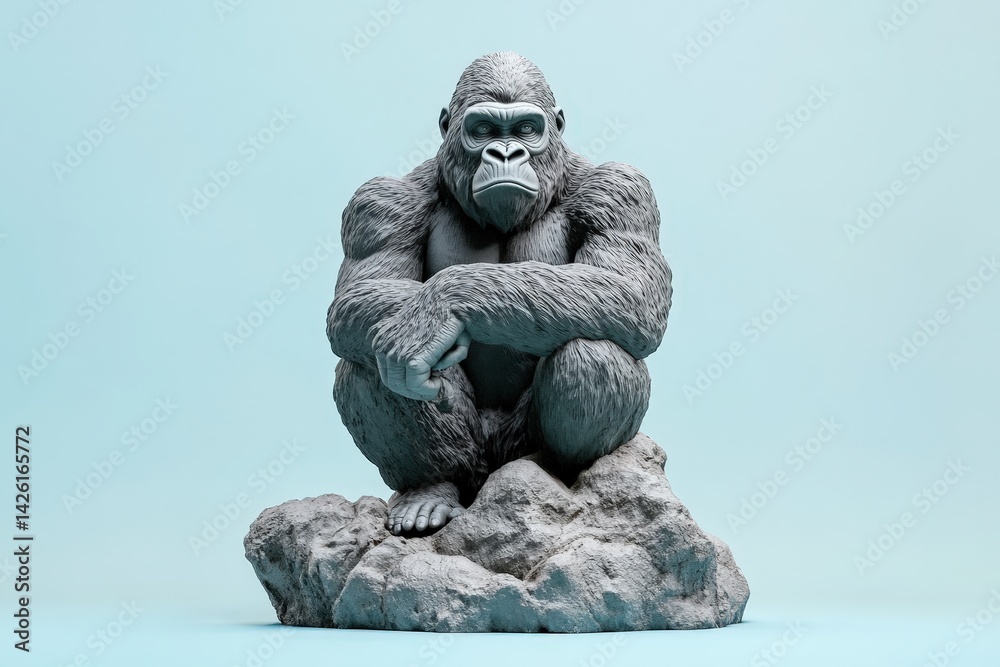 Fototapeta premium Gray gorilla sculpture seated on a rocky outcrop.
