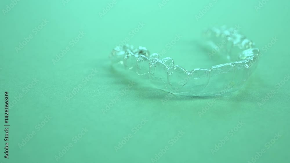 Invisible aligner teeth retainers on a green background. Plastic braces dentistry retainers to straighten teeth. Invisible aligner teeth retainers on a green background. Plastic braces dentistry retainers to straighten teeth.