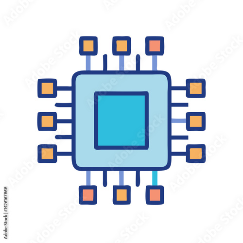 Cartoon style microprocessor icon on black background graphic