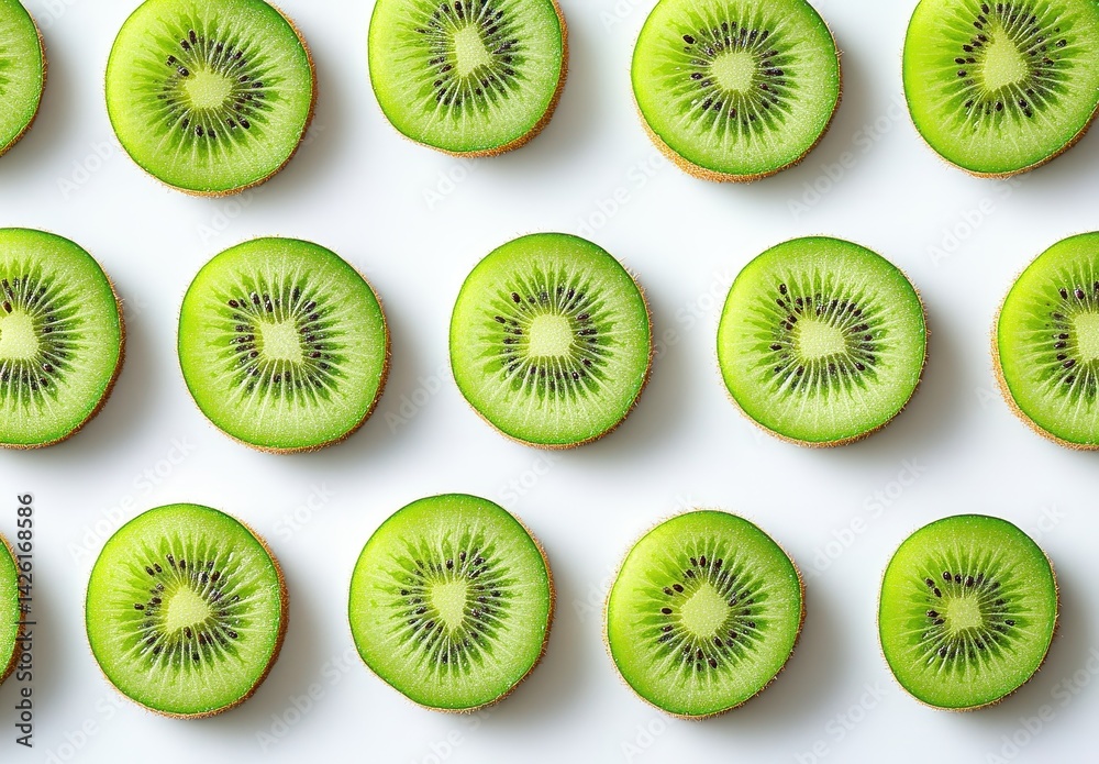 Fototapeta premium Vibrant kiwi slices arranged in an artistic pattern over a plain background showcasing their unique texture and fresh appeal