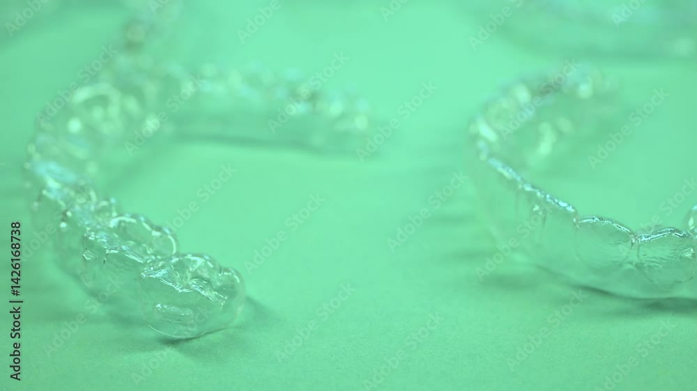 Invisible aligner teeth retainers on a green background. Plastic braces dentistry retainers to straighten teeth. Invisible aligner teeth retainers on a green background. Plastic braces dentistry retainers to straighten teeth.