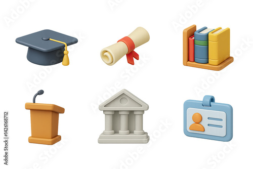 Education icon set – 3d style academic and learning symbols for school, college, and community: graduation cap, diploma, books, podium, university, id badge