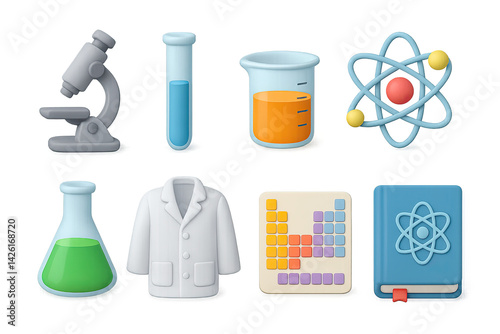 Science and education icon set – 3d laboratory and learning symbols for scientific exploration, research, and study: microscope, test tube, beaker, atom, flask, lab coat, periodic table, science book