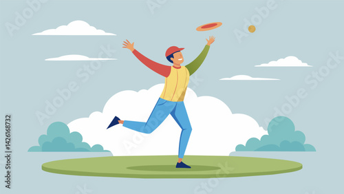 A player celebrating as their frisbee lands perfectly in the basket completing the hole with a satisfying clink.. Vector illustration
