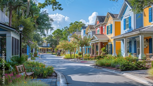 Colorful Diverse Neighborhood Street: Bold and Pastel Houses with Unique Designs, Lush Greenery, Wraparound Porches, and Decorative Shutters