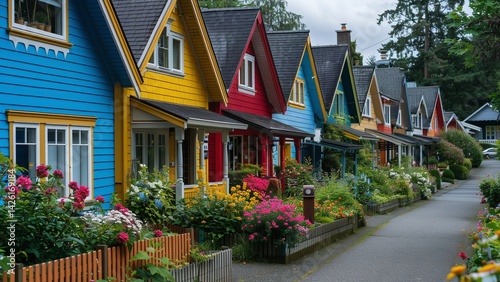 Colorful Diverse Neighborhood Street: Bold and Pastel Houses with Unique Designs, Lush Greenery, Wraparound Porches, and Decorative Shutters