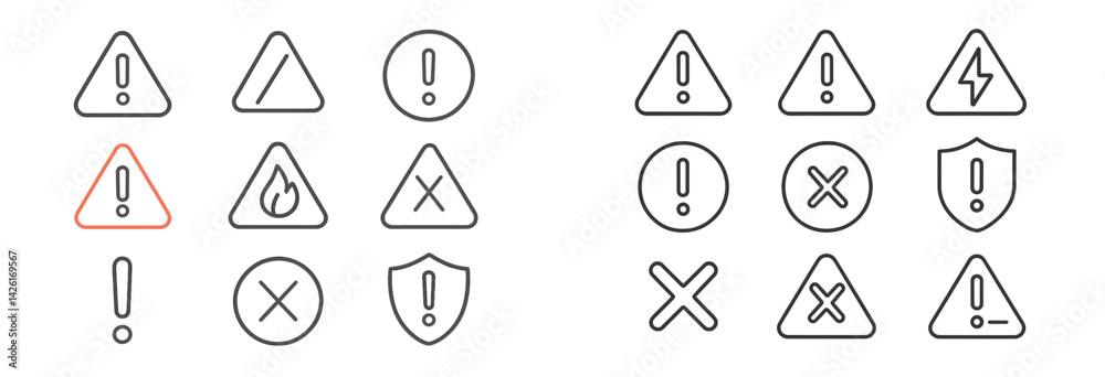 Collection of web icons featuring line style warning and alert symbols for digital interfaces and applications