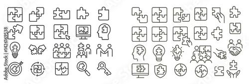 Set of web icons in line style representing puzzle pieces, teamwork, and problem-solving concepts suitable for digital design projects
