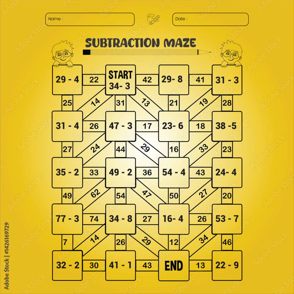 Fototapeta premium Subtraction maze puzzle worksheet for children