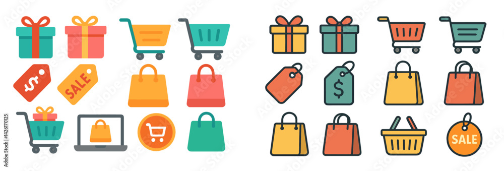 Variety of web icons in line style representing shopping, sales, and e-commerce activities Variety of web icons in line style representing shopping, sales, and e-commerce activities