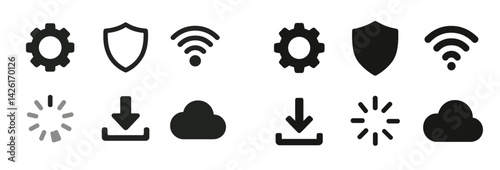 Web icons collection in line style featuring connectivity, security, and cloud symbols designed for modern digital applications