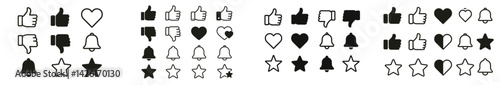 Collection of line style web icons featuring thumbs up, hearts, bells, and stars for digital communication