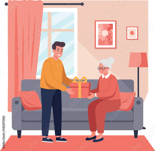 Young man giving gift to elderly woman in cozy living room setting vector illustration 