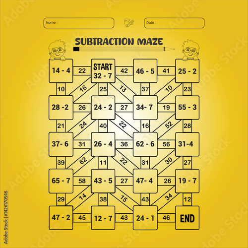 Subtraction maze puzzle worksheet for children