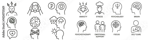 Collection of web icons representing mental health concepts including therapy, anxiety, and self care in a simple line style design