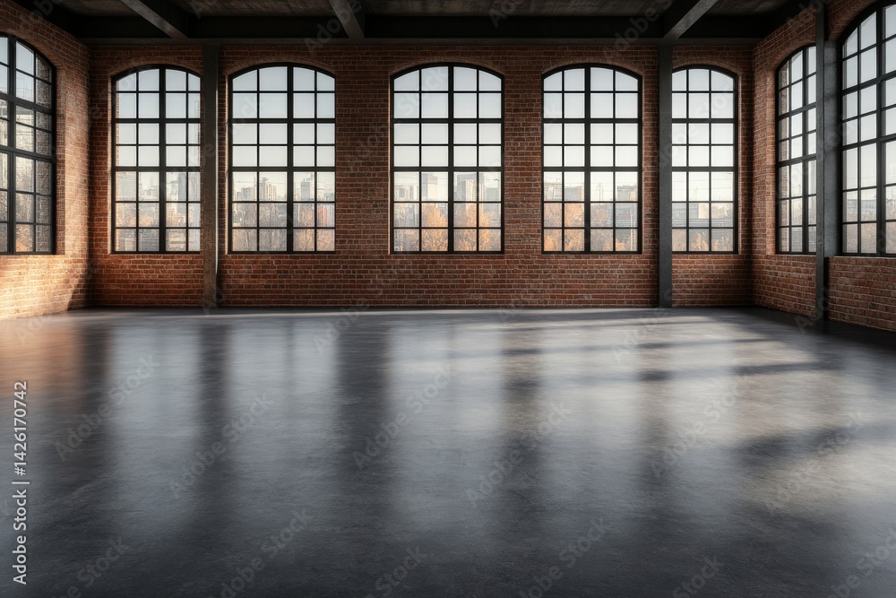 Fototapeta premium Wide shot of a bright industrial loft featuring polished concrete floors and exposed brick walls, creating a modern and open atmosphere perfect for creativity