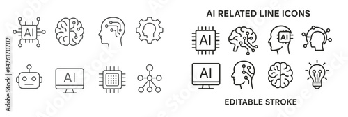 Collection of line style web icons representing artificial intelligence concepts and related elements