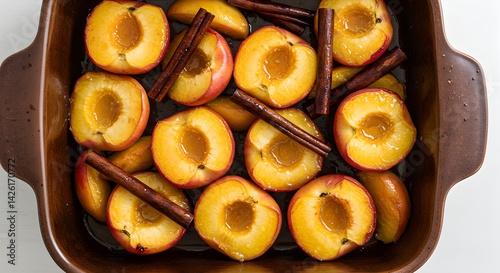Delicious Baked Plums And Cinnamon Sticks In A Brown Ceramic Dish
