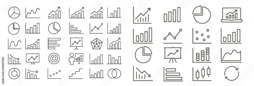 Collection of line style web icons representing various data visualization elements and analytics tools for effective communication Collection of line style web icons representing various data visualization elements and analytics tools for effective communication