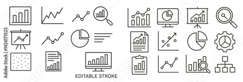 Web icons depicting analytics, graphs, and data visualization in line style for digital projects and applications