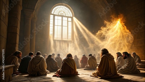 Pentecost: Jesus's disciples gathered together praying on the floor of an upper room