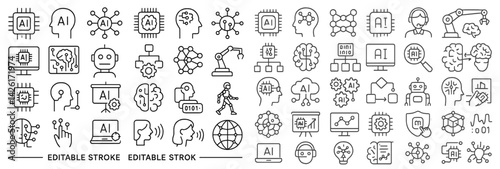 Set of web icons featuring line style designs focused on artificial intelligence and technology concepts
