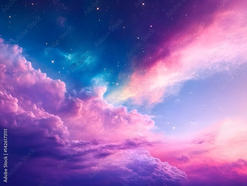 Obraz premium Dreamy Pink Purple Night Sky with Clouds and Stars Fantasy Celestial Background Image