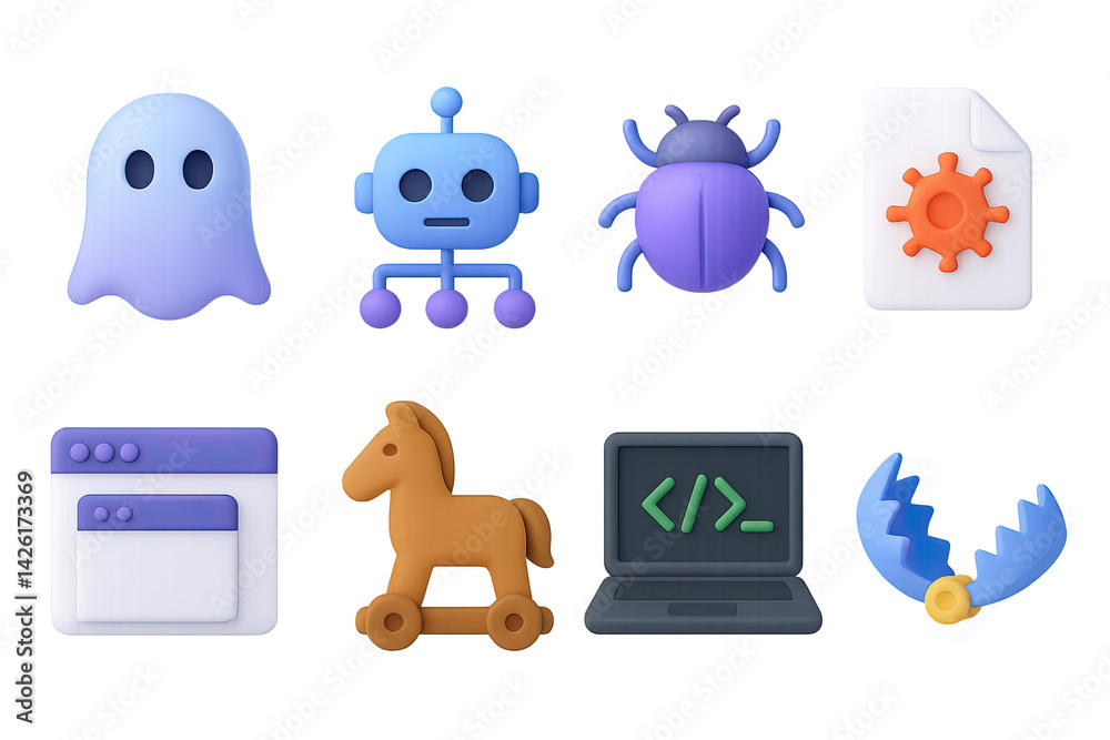 Cybersecurity threats icon set – soft 3d cyber safety symbols for digital protection and data security: ghost, robot, bug, virus, trojan horse, code, malware