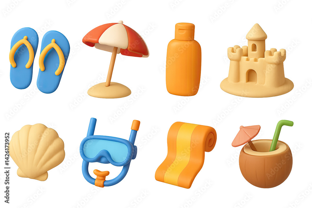 Beach vacation icon set – 3d summer and holiday symbols: flip flops, beach umbrella, sunscreen, sand castle, seashell, snorkel, towel, coconut drink
