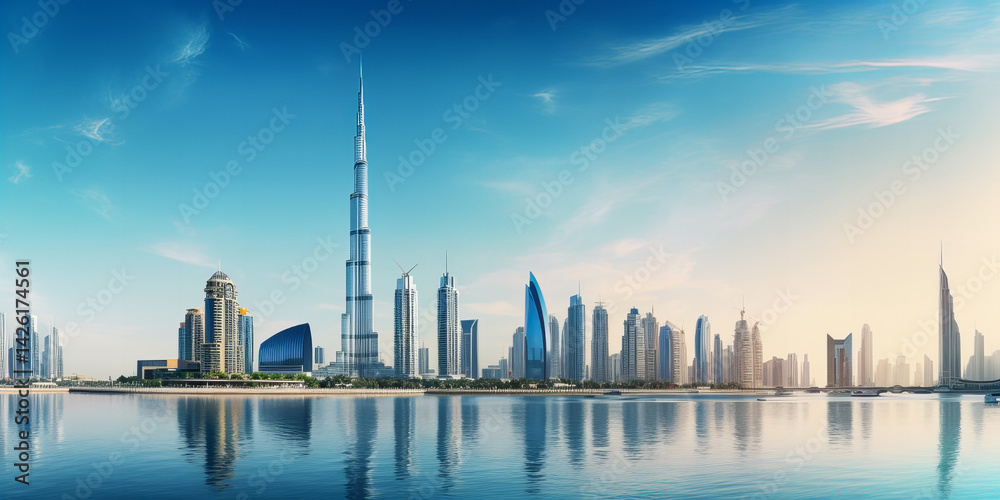 Obraz premium View of high rising buildings behind the sea.