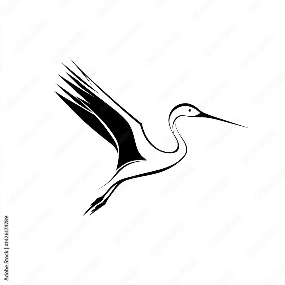 Obraz premium Stylized black and white heron in flight